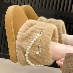 Cyflymder Winter New String Bead Plush Women's Boots Warm Stylish Thick Platform Slip On Boots Faux Fur Plus Size 43 Ankle Botas Shoes