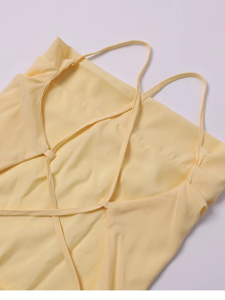 Cyflymder  Chiffon Backless A-Line Mini Dress Flounce Hem Cross Back Ribbon Summer Beach Holiday Thin Strap Women's Fashion Dress