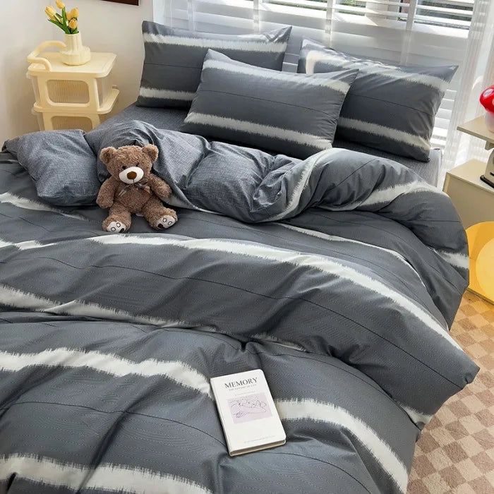 Cyflymder  Simple Nordic Pure Cotton Striped Bedding Set Naked Sleeping Comfortable Duvet Cover Set Fitted Sheet Kit for Single and Double