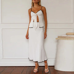 Cyflymder  Elegant Women's 2 Piece Summer Set Contrast Trim V Neck Open Front Knotted Crop Cami Tops Midi Dress for Party Club