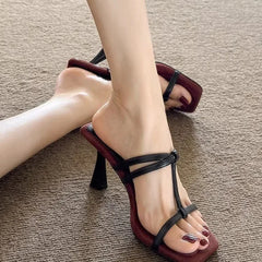 Cyflymder  Spring and Autumn Fashion Square Head Open Toe Women's Slippers Leather Prom Shoes Series Fine Heel Slippers 45375