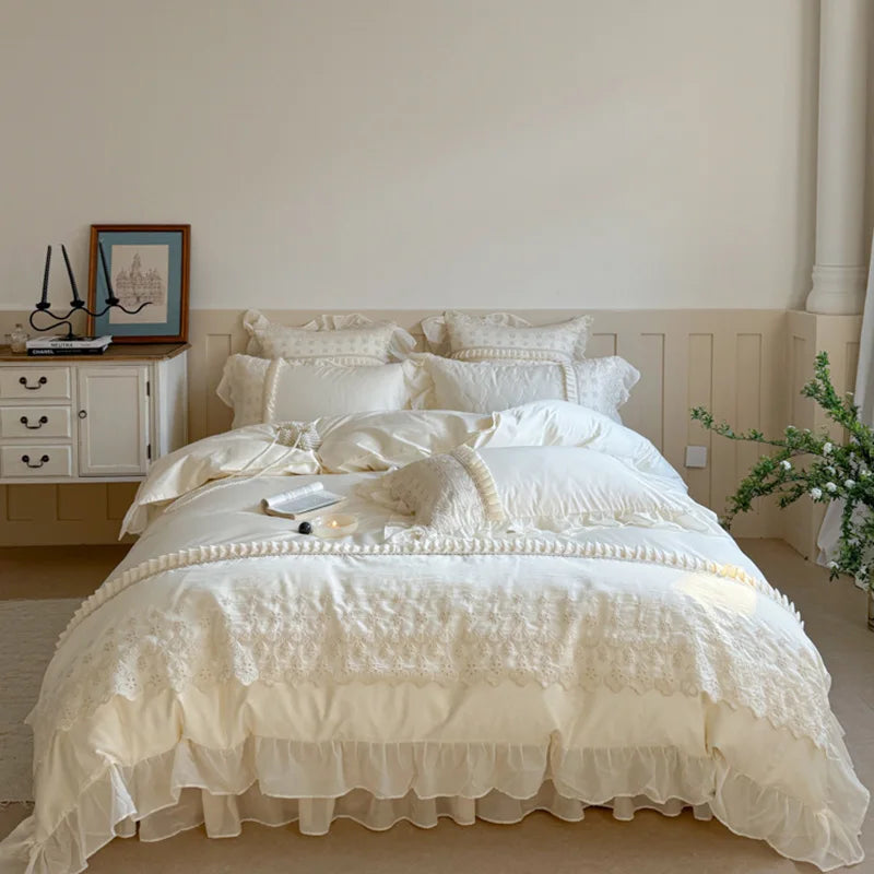 Cyflymder  4Pcs Pink  Lace Ruffles Sweet Girl Bedding Set Pure Cotton Queen King Size Duvet Cover Bed Sheet Or Quilted Bedspread Pillowcase
