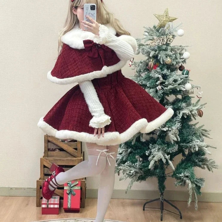 Cyflymder Christmas Outfits Sweet Lolita Style Dress Sets Women Elegant Bow Plush Shawl Short Jackets Mini Skirts Suit Kawaii Christmas New Year 3 Piece Set