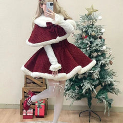 Cyflymder Christmas Outfits Sweet Lolita Style Dress Sets Women Elegant Bow Plush Shawl Short Jackets Mini Skirts Suit Kawaii Christmas New Year 3 Piece Set