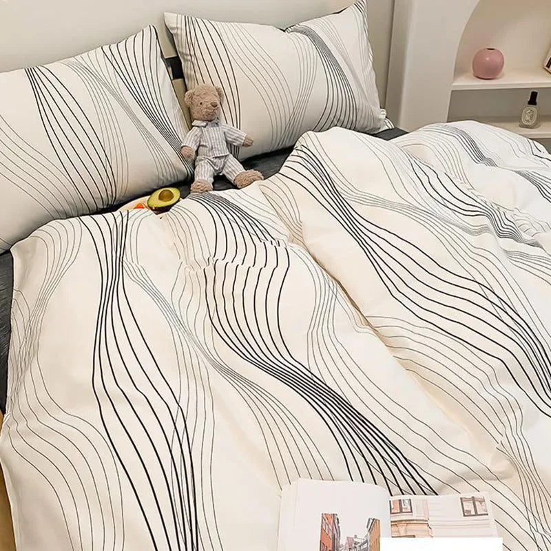 Cyflymder  Simple Nordic Pure Cotton Striped Bedding Set Naked Sleeping Comfortable Duvet Cover Set Fitted Sheet Kit for Single and Double