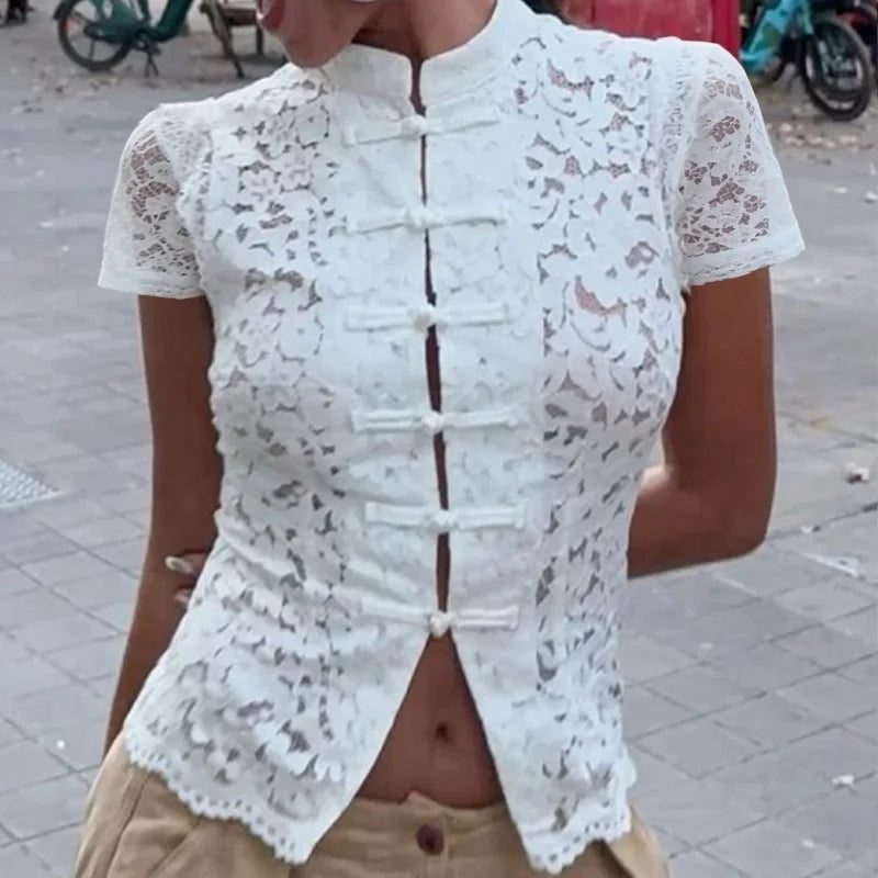 Cyflymder  Y2k Lace Hollow Out Shirts Cardigan Women's Short Sleeve See-Through Patchwork Commute Top Female Summer Lace Blouses