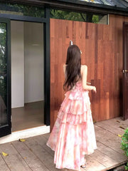 Cyflymder  Beach Vaion Sle Floral Print Maxi Dr Pink Bal Gauze Hem A-Line Skirt High Waist Svel V-Ne Loose Fit