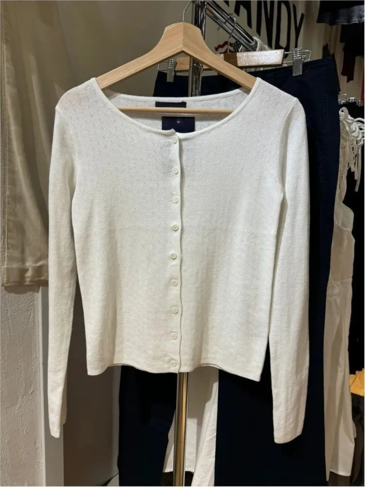 Cyflymder  Brown Eyelet Knitted Cardigan Women Autumn New Casual Cotton Long Sleeve Sweater Coat Female Vintage Simple Basic Sweaters Tops