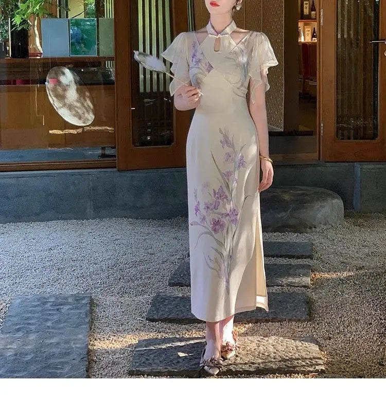 Cyflymder  Chinese Style Improved Cheongsam Spring Summer New Retro Hollow Out Temperament Dress Short Sleeve Slim Qipao Dresses