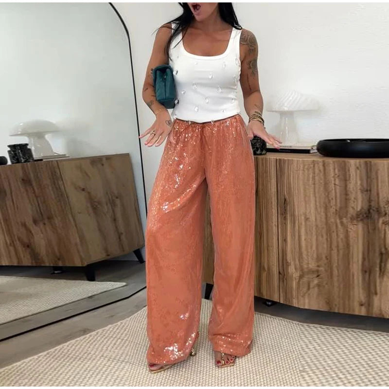 Cyflymder  Loose Solid Color Sequin Pants Woman Cinched Waist Glitter Straight Baggy Long Pants Casual Street Chic Sparkle Women's Trousers