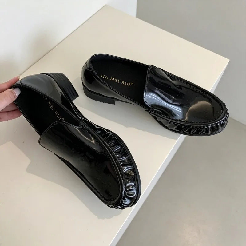 Cyflymder  Pleated Block Chunky Heel Loafers Women Retro Round Toe Casual Low Heel Women Shoes Brown Spring Autumn Comfortable Office Shoes