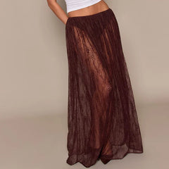 Cyflymder  Coquette Grunge Sheer Lace Maxi Skirt Built-in Thongs Design Low Elastic Waist Flowy Skirt Elegant Lady Grunge See-Through Skirt