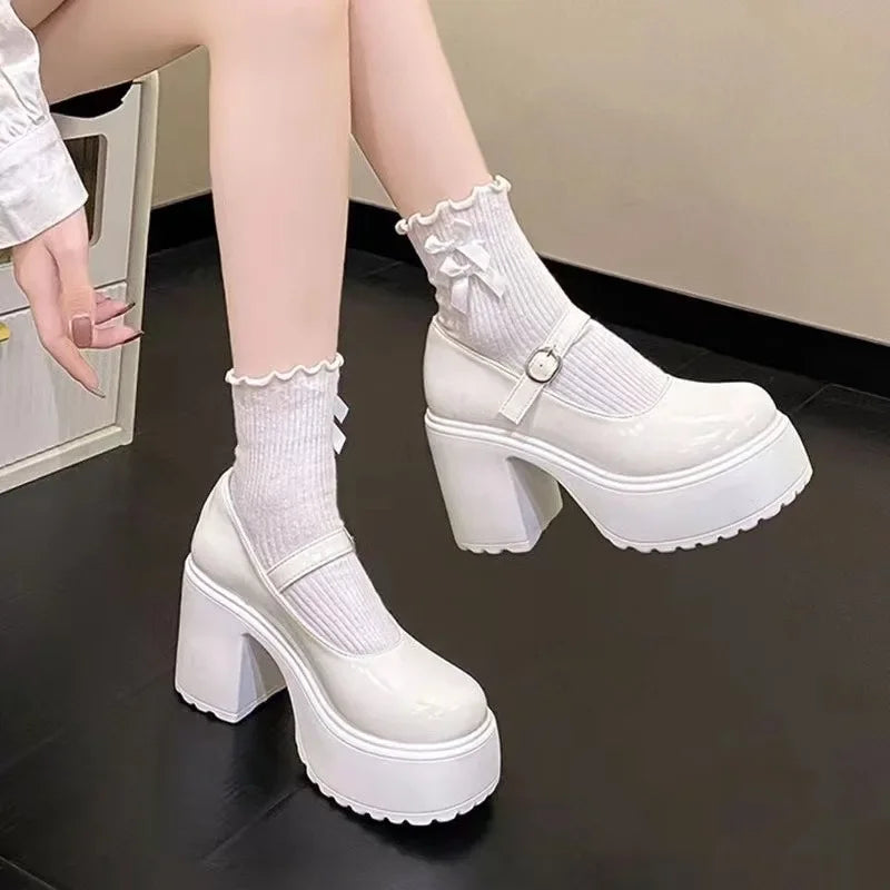 Cyflymder Shoes Female Mary Janes Women's High Heels Platform Dress Pump Women Shallow Buckle Strap Round Toe Chunky Heel Shoes Women