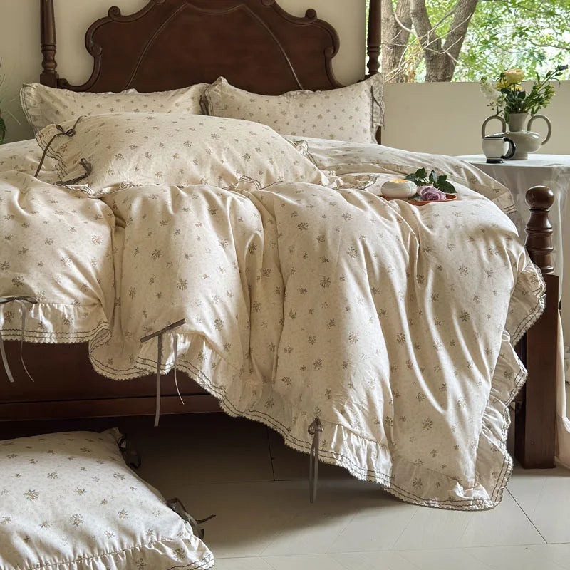 Cyflymder  100% Cotton Pastoral Floral Print Ruffles Bow Princess Bedding Set Queen King Duvet Cover Set Bed Sheet/Fitted Sheet Pillowcases