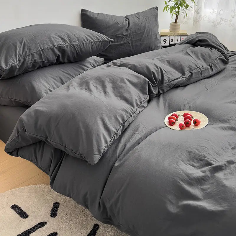 Cyflymder  INS Korean Style Fresh Blue Duvet Cover Washed Cotton Bed Sheet Bed Skirt Four-Piece Set Dormitory Simple Solid Color