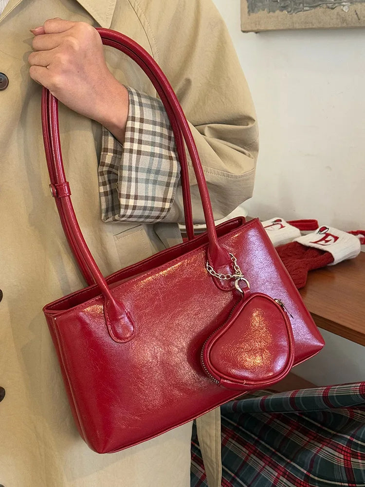 Cyflymder  Korean Long Handle Shoulder Bag, Large Capacity Women's Commuting Tote Bag, Fashionable and Elegant Wine Red Bridal Bag