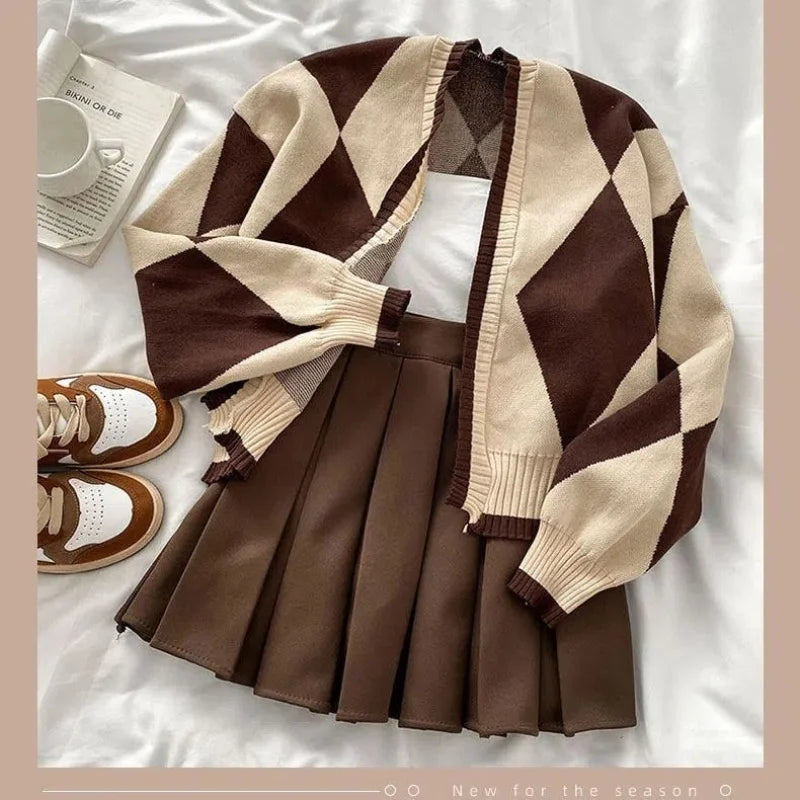 Cyflymder Fashion Hot Girl Knitting Suit Sling Sweater Cardigan Coat Autumn Winter Pleated Short Skirt Sweet Elegant Three-piece Set