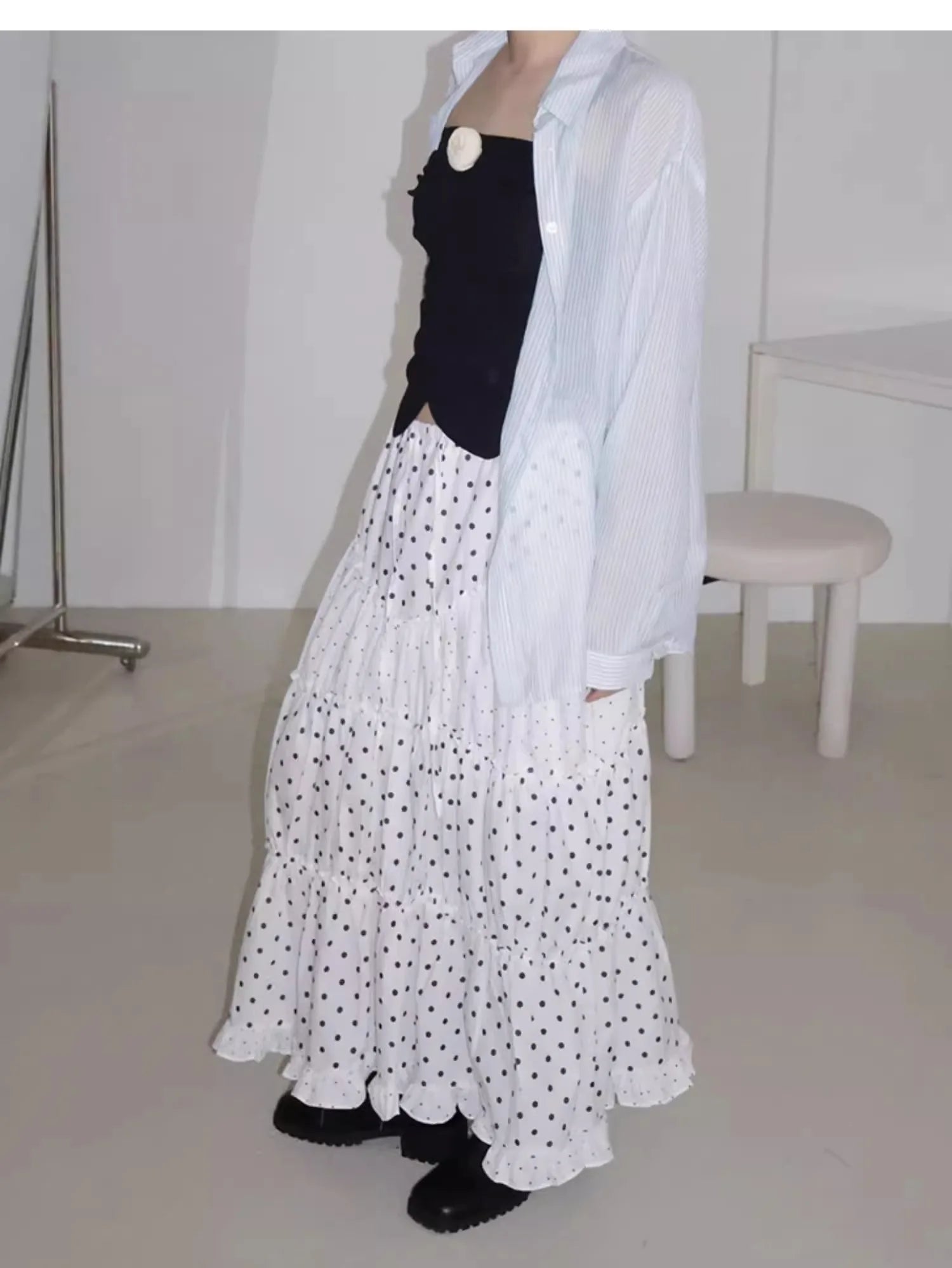 Cyflymder  Oxygen Girl Retro Polka Dot f-length Skirt with Pleated Lace Elastic Waist A-line Mid-length Commute Sle Summer 2025