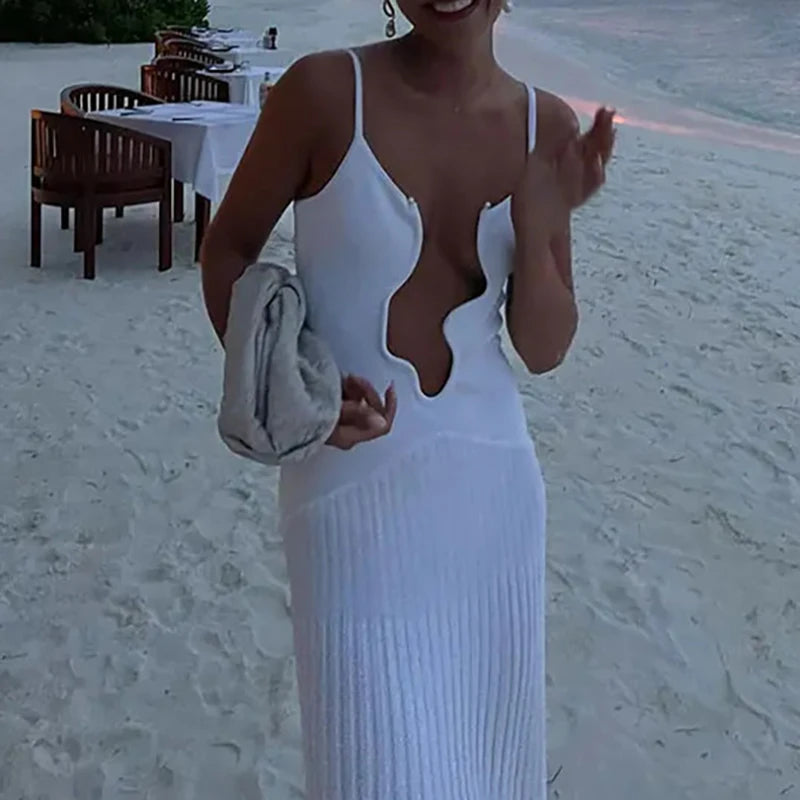 Cyflymder  Sexy Sleeveless Backless Pleated Hem Resort Sling Dress 2025 Women Evening Dress Elegant Solid Color Irregular V Neck Maxi Dress