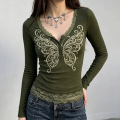 Cyflymder   Y2K Asian‑Inspired Print Fake Two‑Piece T-shirts Fashion Lace Splicing Color‑Blocked Long Sleeve Top Tees Autumn Versatile Top