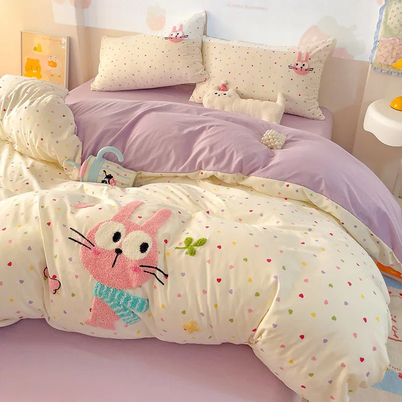 Cyflymder  Cartoon Printed Cloud Cotton Bedding Soft Set Sweet Washed Skin-Friendly Bedclothes Sets Single Textile Supplies for All Seasons