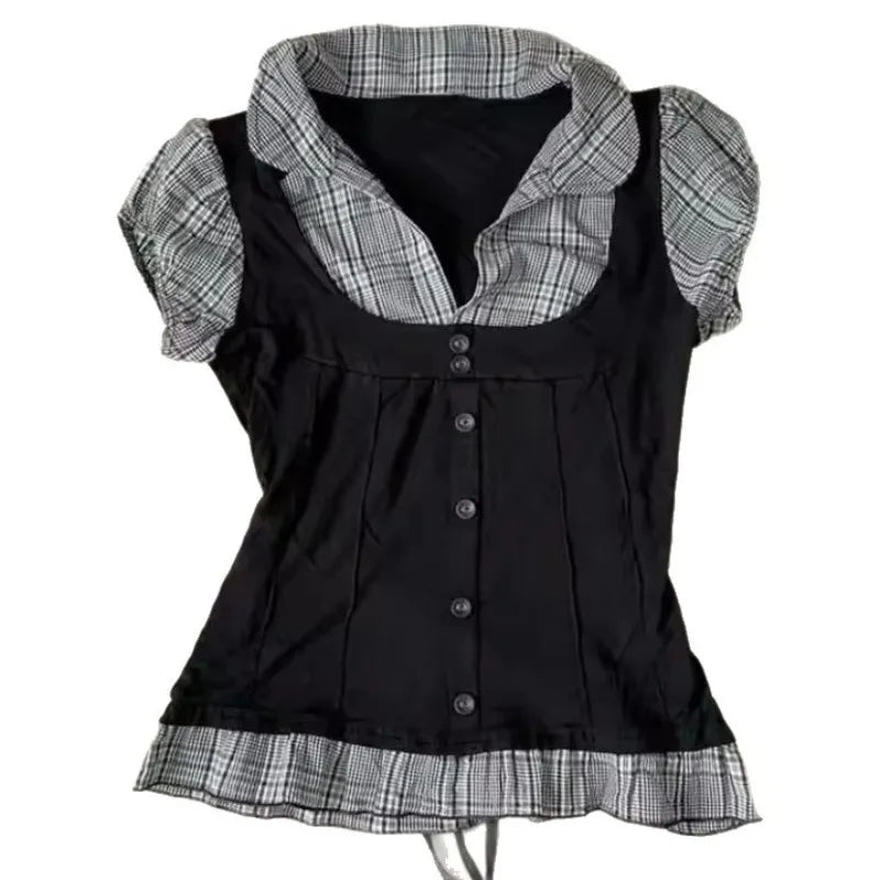 Cyflymder  Subcultural Spliced Plaid Conctrast Color Fake Two Piece Y2k Aesthetic Japanese High Street Buttons Punk T Shirt Retro Clothes