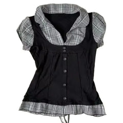 Cyflymder  Subcultural Spliced Plaid Conctrast Color Fake Two Piece Y2k Aesthetic Japanese High Street Buttons Punk T Shirt Retro Clothes