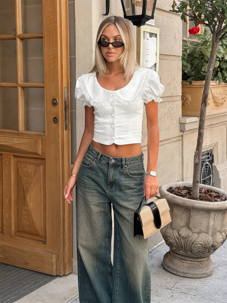 Cyflymder  Women's White Lace Collar Satin Top Elegant Button Front Waist Cinched Puff Sleeve Slim Cropped Blouse French Short Shirt