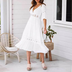 Cyflymder  Summer White Dresses Women Flower Hollow Out High Waist Lace Long Dress For Wedding Elegant Deep V-Neck Short Sleeve Party Dress