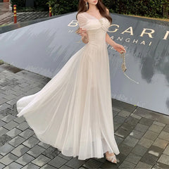 Cyflymder  Women Off Shoulder Sweetheart Tulle Maxi Dress Fashion Twist Backless Slash Neck Ruched A Line Gown Evening Party Long Dress New