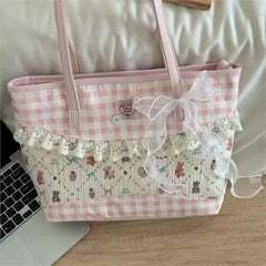 Cyflymder  Sweet Cute Pink Plaid Tote Bag Women Harajuku Romantic Lace Detail Shoulder Bags Female Large Capacity Casual  Handbag