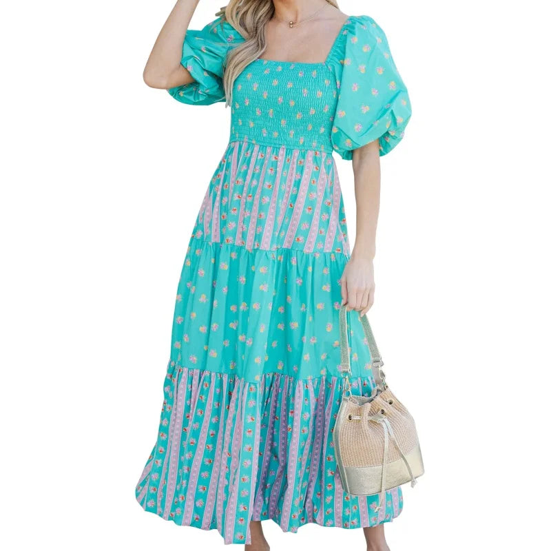 Cyflymder  Bohemian Dress y2k Women Floral Print Square Neck Puff Sleeve A-Line Dress Beach Party Long Flowy Dress Streetwear