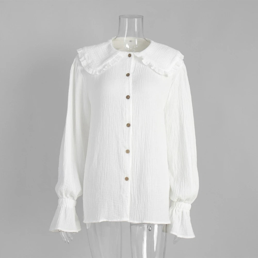 Cyflymder  Cotton Spliced Ruffled White Shirts for Women Peter Pan Collar Lantern Sleeve Patchwork Buttons Shirt Autumn Style