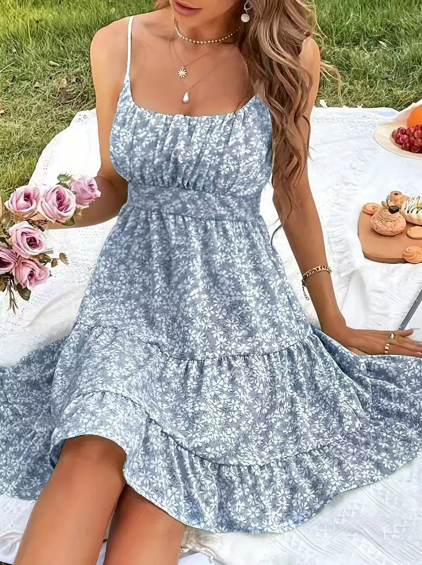 Cyflymder  French Floral Dress for Women's Summer Elegant Ruffle Hem A-line Strap Dress Fashion Female Clothes