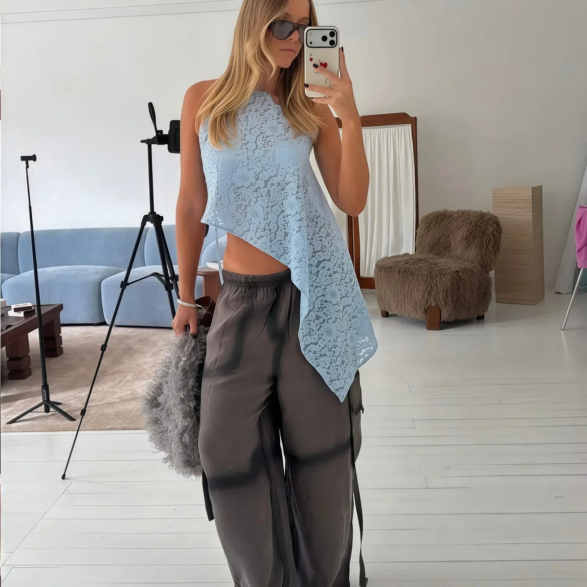 Cyflymder   Lace Cutout One Shoulder Tops Asymmetrical Collar Backless Tie Back Irregular Hem Sexy Vest Lady Summer New Vacation Casual Wear