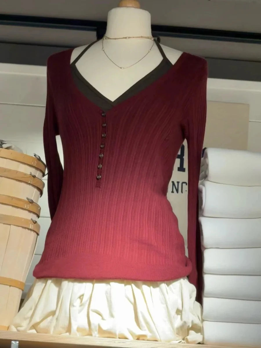 Cyflymder  Knitted V-neck T-shirts Women Autumn Buttons Slim