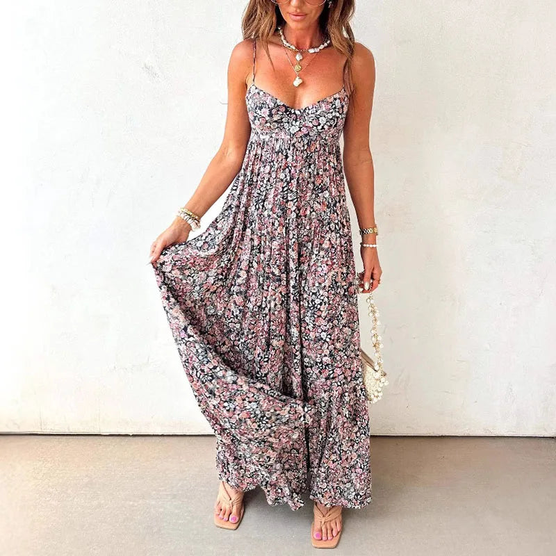 Cyflymder  Women Elegant Floral Print Sling Dress Sexy Off Shoulder Backless Long Pleated Party Dress Fashion Hight Waist Swing Bohe Dress