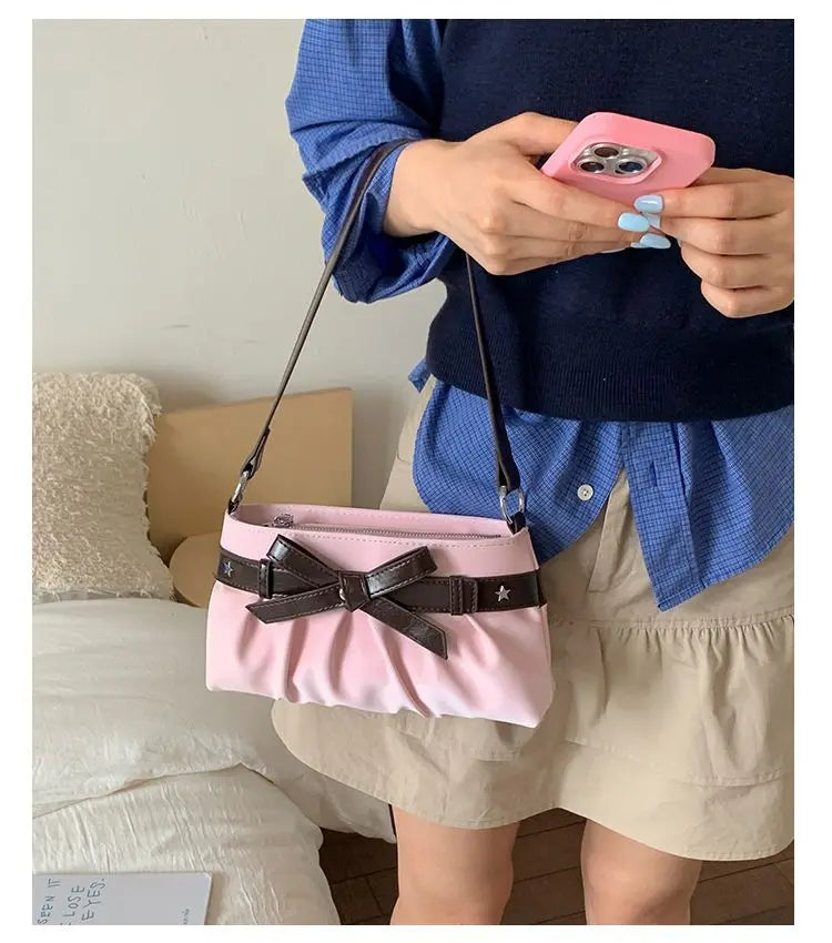 Cyflymder  Korean Hot Girl Bow Studded Handbag Women Simple Design Sweet Shoulder Bag Ladies Elegant Fashion Underarm Purse Y2k Aesthetic