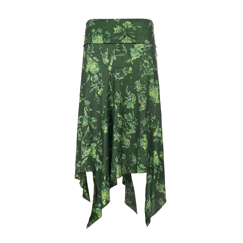 Cyflymder  Bohemian Holiday Style Floral Printed Fold Waist Skirts Summer Asymmetric Hem Knitted Half Outfits Women's  Vintage Forest Style