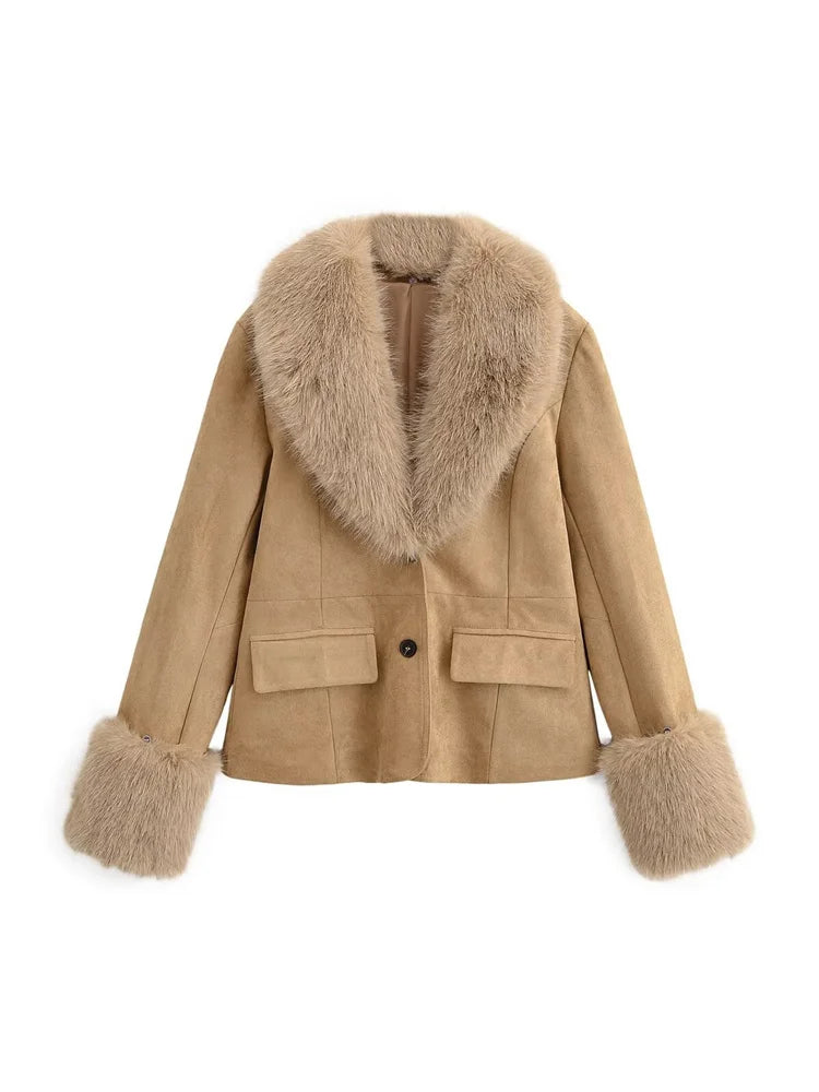 Cyflymder  Fashion Vintage Fur Feather Jackets For Women Pocket V-Neck Long Sleeve Patchwork Winter Commute Coat Female Warm Jackets