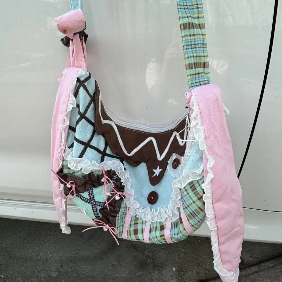 Cyflymder  Harajuku Y2k Aesthetic Ins Underarm Bag Women Contrast Color Plaid Rabbit Ear Canvas Bag Grunge Patchwork Lace Shoulder Handbags