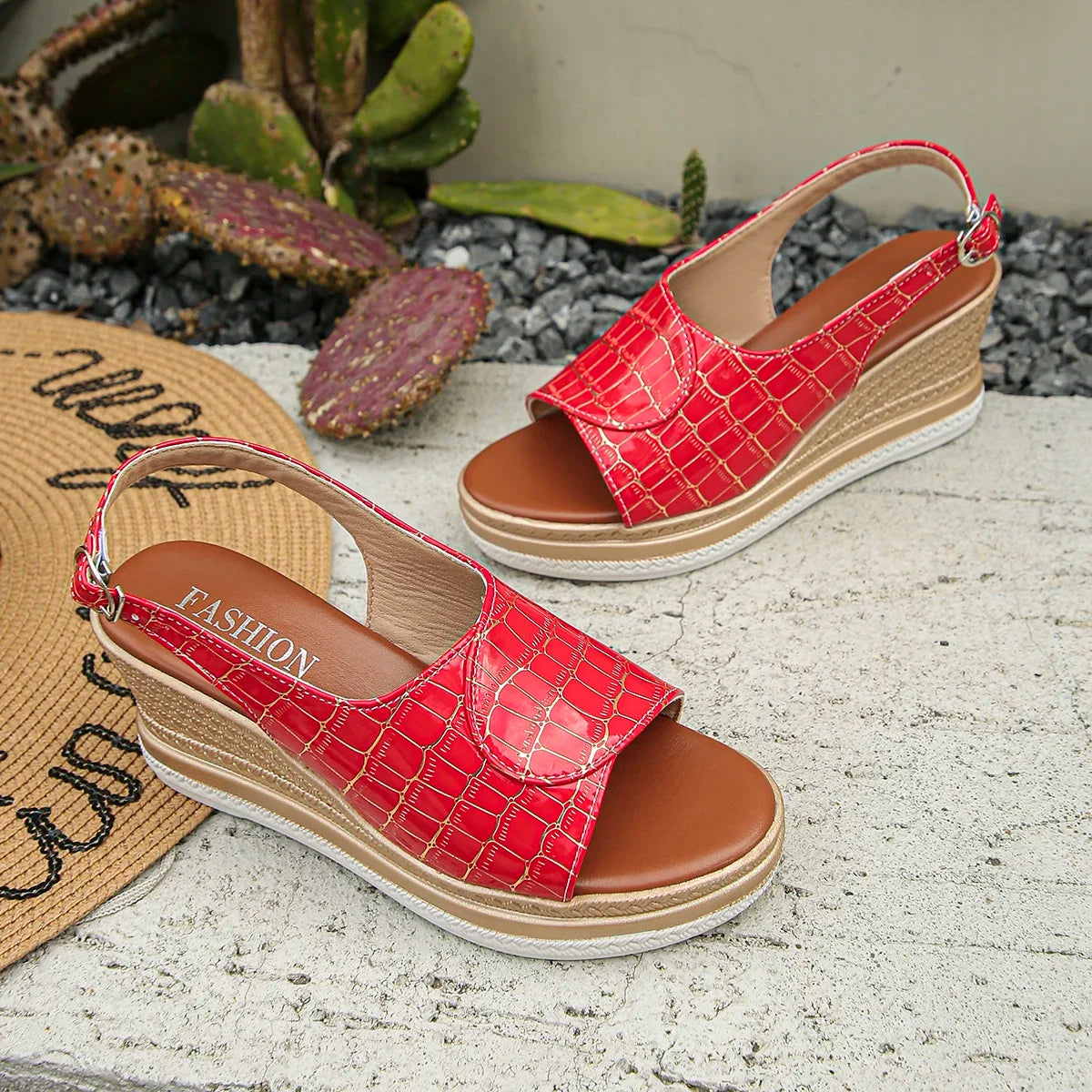 Cyflymder  Summer New Buckle Slope Heel Women's Sandals Summer Checkered Pattern Thick Bottom Non slip Beach Shoes