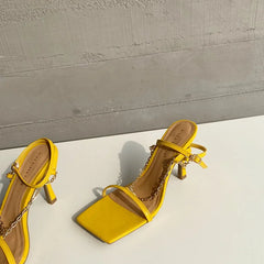 Cyflymder  Summer Elegant Women Purple High Heels Chain Sandals Designer Open Toe Green Yellow Stiletto Heels Sandals Nightclub Shoes