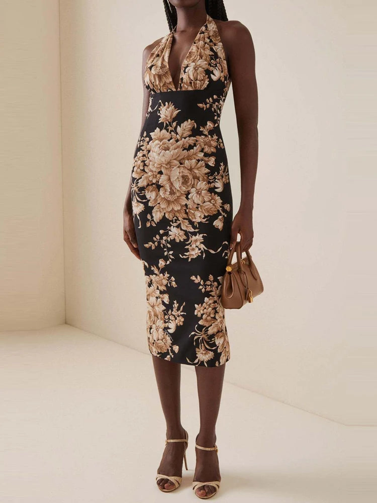Cyflymder  Women's Fashion Floral Printed Slim Midi Dress Sexy Backless Hollow Bohe Party Dress Elegant Deep V-neck Sleeveless Skinny Dress
