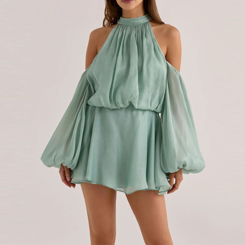 Cyflymder   Sexy Hang Neck Flared Sleeve Beach Holiday Dress Elegant Solid Irregular High Waist Dress Temperament Pleated Off Shoulder Dress