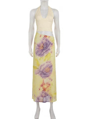 Cyflymder  Summer Floral Print Patchwork Halter Maxi Dress Sexy Deep V Front Sleeveless Backless Cut Out Slim Beach Vacation Dress
