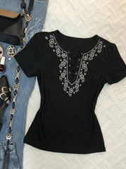 Cyflymder  Goth T-shirt Embroidery Y2k 2000s Punk Vintage Sexy Aesthetic Harajuku Strap Slim Short Sleeve O-Neck Summer Basics Emo Tee Chic