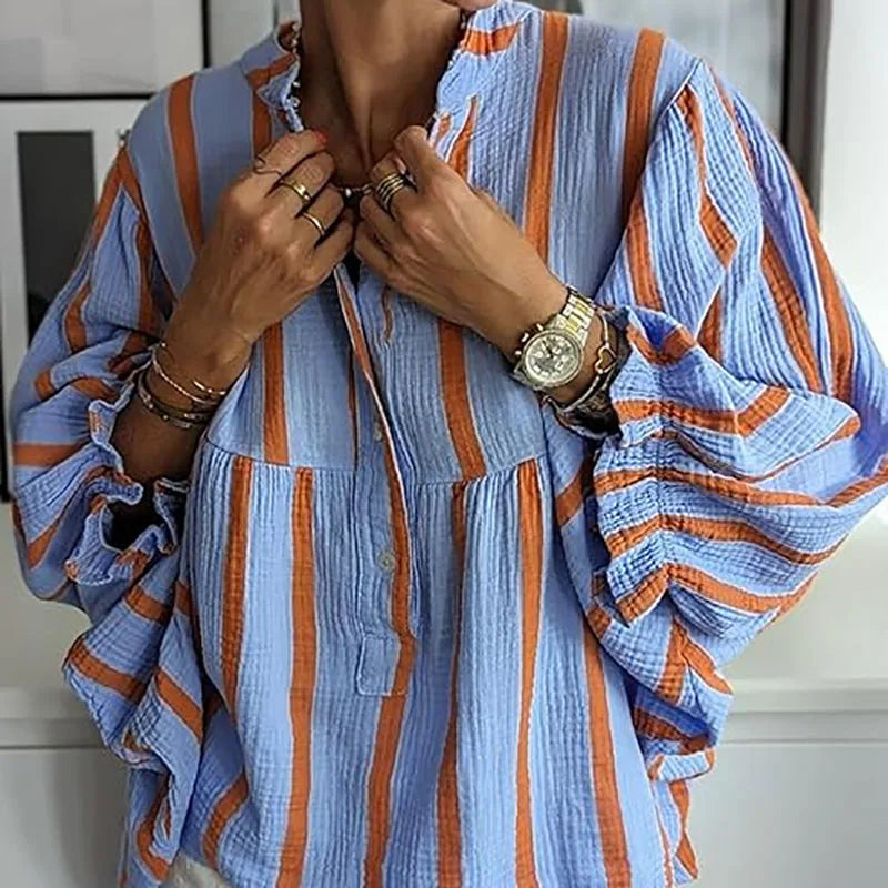 Cyflymder  Streetwear Fashion Striped Print Women Blouses 2025 Spring V Neck Button Top Pullover Autumn Puff Long Sleeve Loose Shirt Blusas