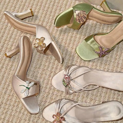 Cyflymder  Thai Rhinestone Square Toe High Heel Sandals Women Summer Outdoor Block Heel Gorgeous Satin Slides Premium Footwear