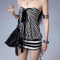 Cyflymder  Lace Up Ribbon Stripe Print Strapless Bodycon Mini Dress Women Fashion Sexy Sleeveless Backless Patchwork Wrap Hip Slim Clubwear